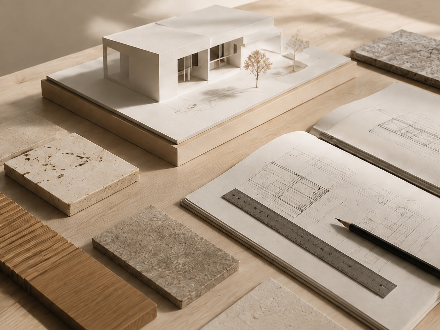 Mesa de trabajo arquitectónica con maqueta, planos y materiales